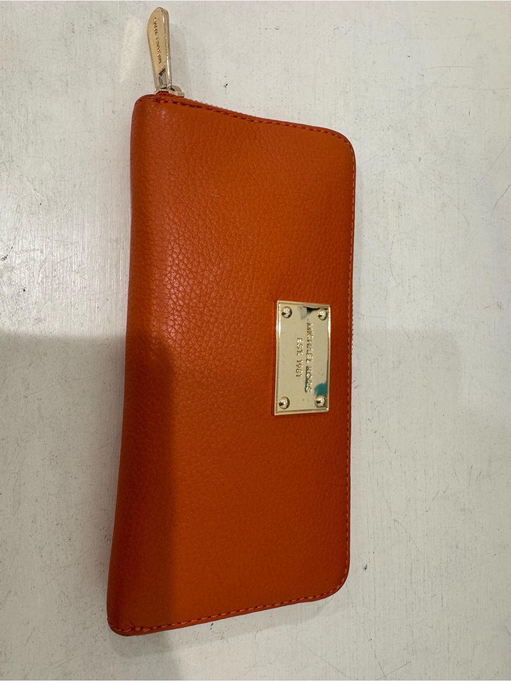 Michael Kors Orange Pebbled Leather Zip Wallet with Gold Plate